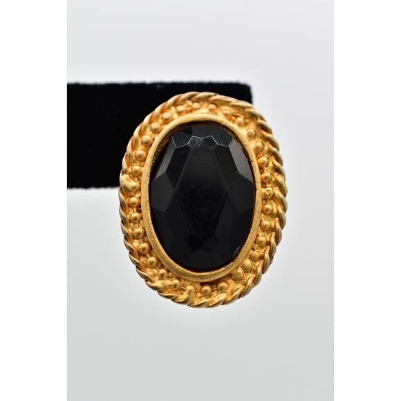 Vintage Crystal Clip On Earrings Black Oval Brushed Gold Matte Retro 1980s BinAI - Picture 7 of 12